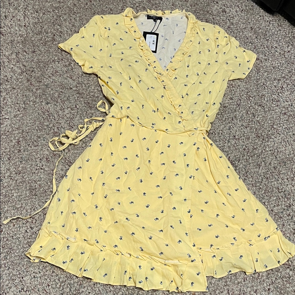 Frnch Yellow blue Flower Wrap Dress with ruffle hem